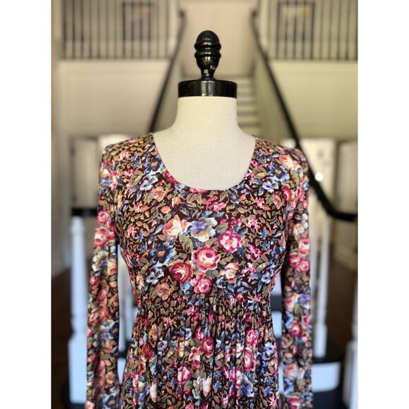 -TALL-Vintage Maxi Dress Brown Floral Fall Winter Hippie Boho Artsy Folksy Gypsy - Picture 6 of 12